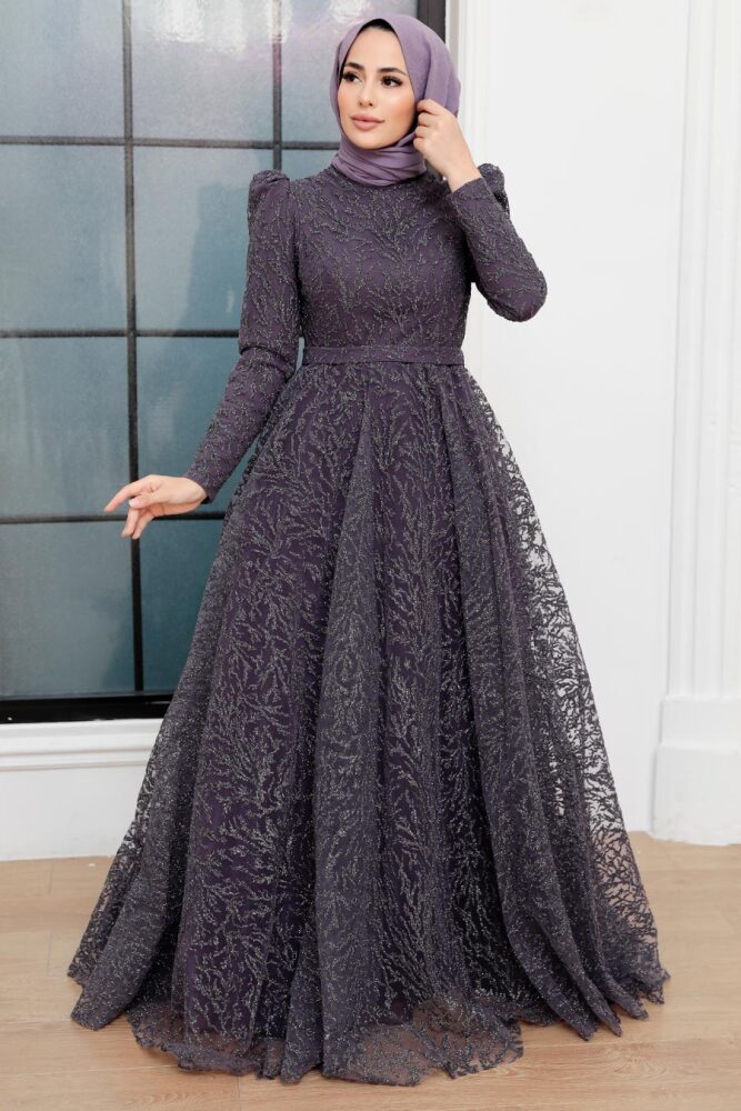 Tesettürlü Abiye Elbise - Robe de soirée hijab lila foncé 22343KLILA - 1