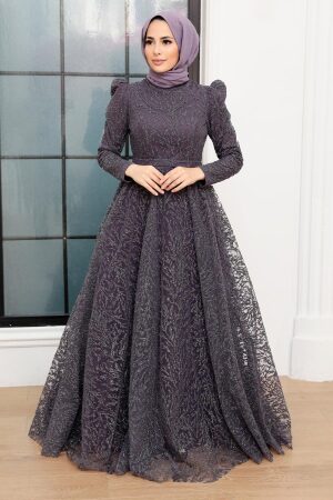 Tesettürlü Abiye Elbise - Robe de soirée hijab lila foncé 22343KLILA - 2