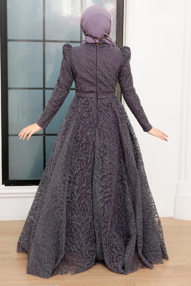Tesettürlü Abiye Elbise - Robe de soirée hijab lila foncé 22343KLILA - 3