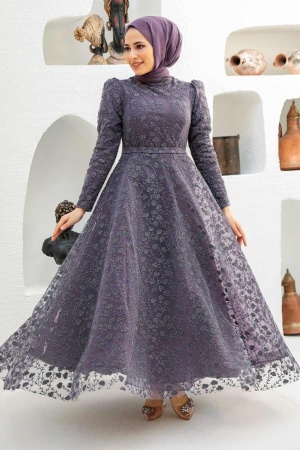 Tesettürlü Abiye Elbise - Robe de soirée hijab lila foncé 22510KLILA - 1
