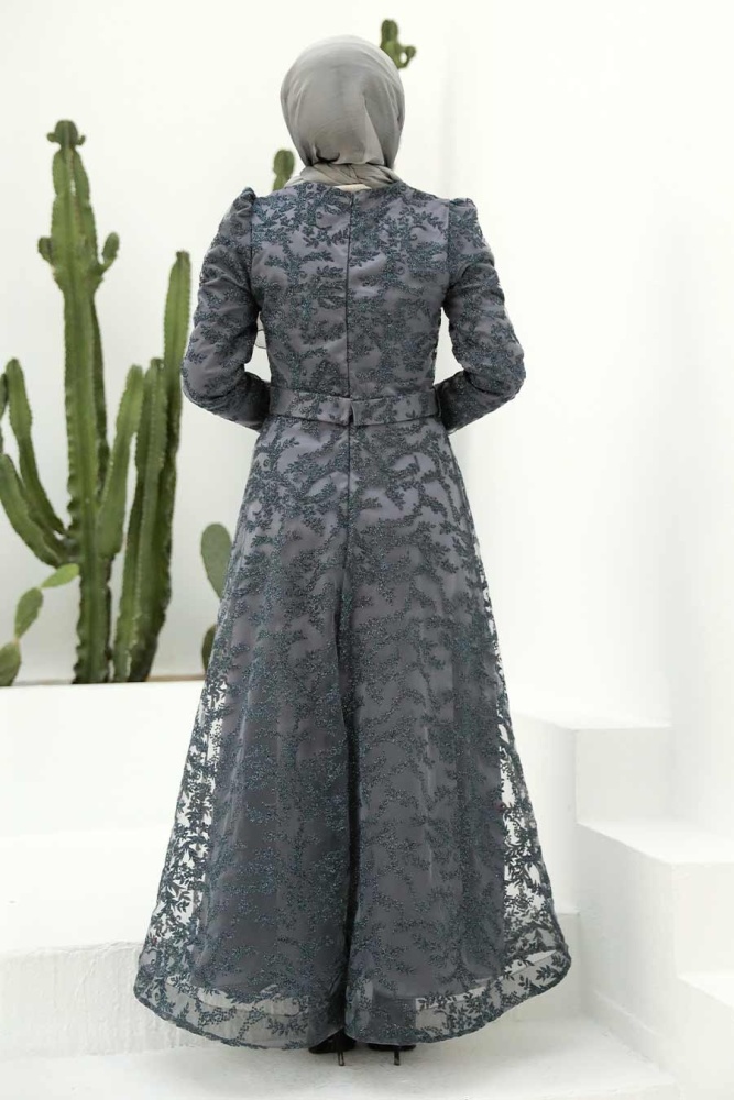 Tesettürlü Abiye Elbise - Robe de soirée Hijab Lila foncé 3330KLILA - 2
