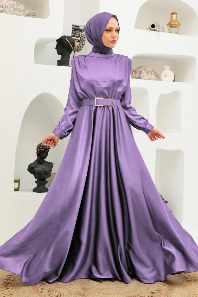 Tesettürlü Abiye Elbise - Robe de Soirée Hijab Lila Foncé 3378KLILA - 1