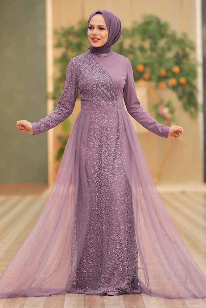 Tesettürlü Abiye Elbise -Robe de soirée hijab lilas 5345LILA - 2