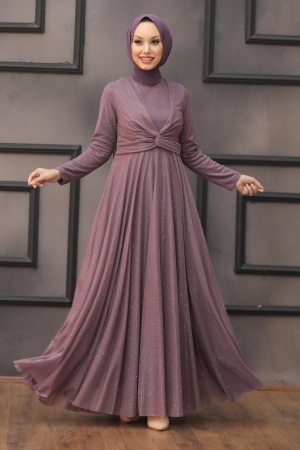 Tesettürlü Abiye Elbise - Robe de soirée hijab lilas foncé 5397KLILA - 1