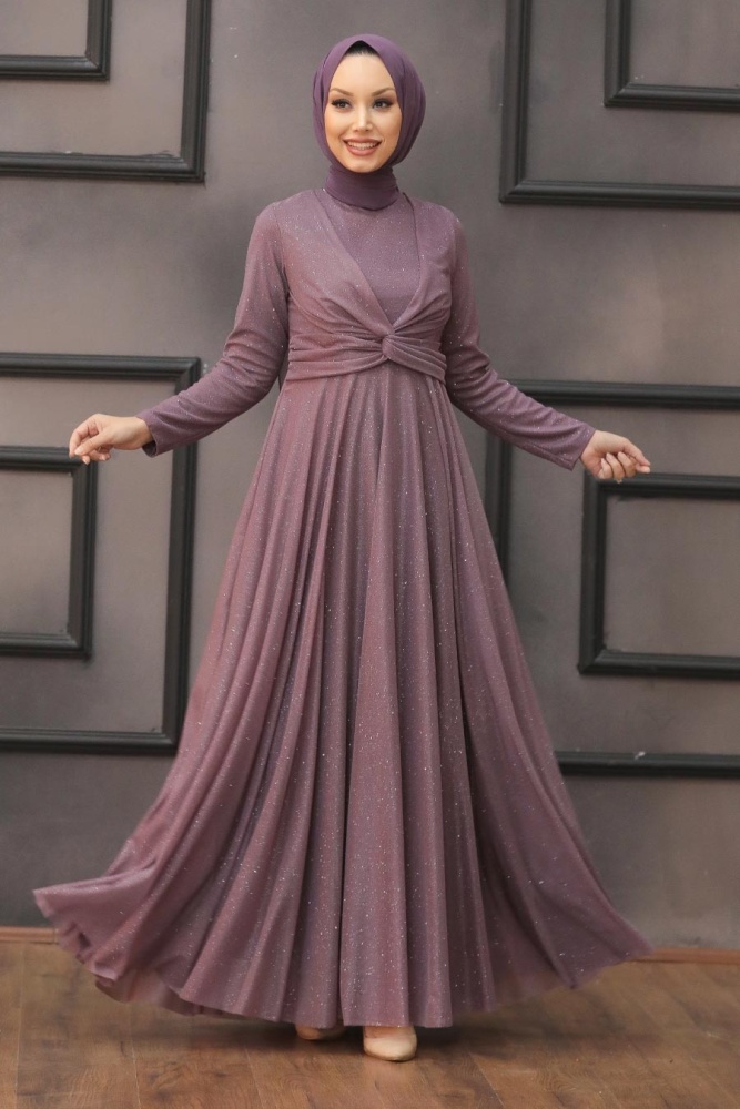 Tesettürlü Abiye Elbise - Robe de soirée hijab lilas foncé 5397KLILA - 1