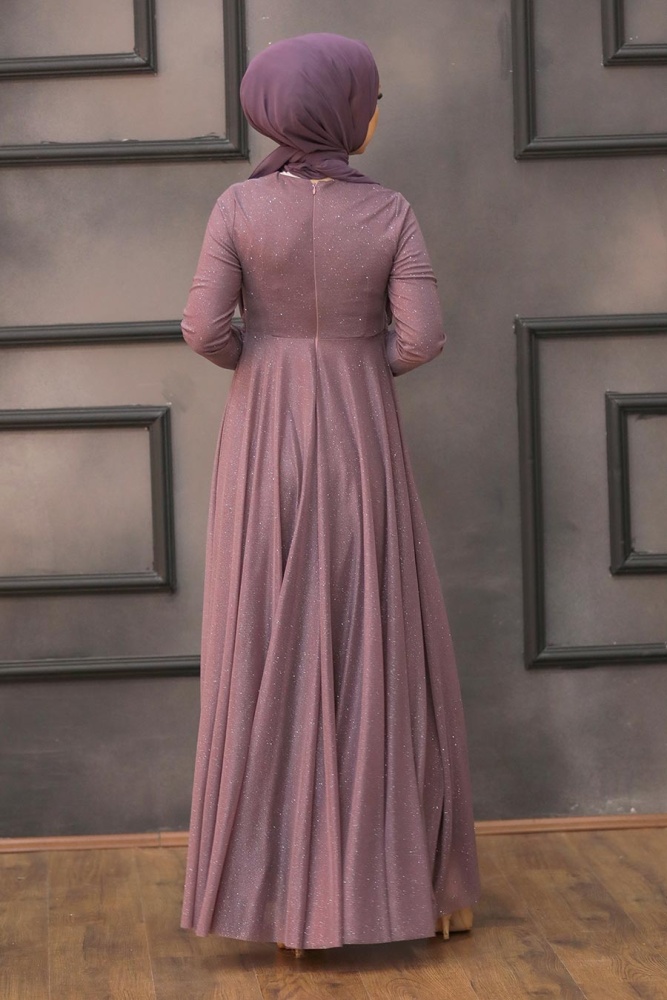 Tesettürlü Abiye Elbise - Robe de soirée hijab lilas foncé 5397KLILA - 2