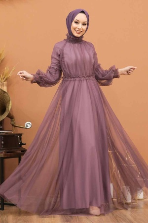 Tesettürlü Abiye Elbise -Robe de Soirée Hijab Lilas Foncé 5474KLILA - 1