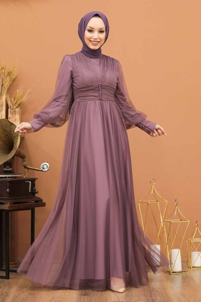Tesettürlü Abiye Elbise - Robe de Soirée Hijab Lilas Foncé 5478KLILA - 1