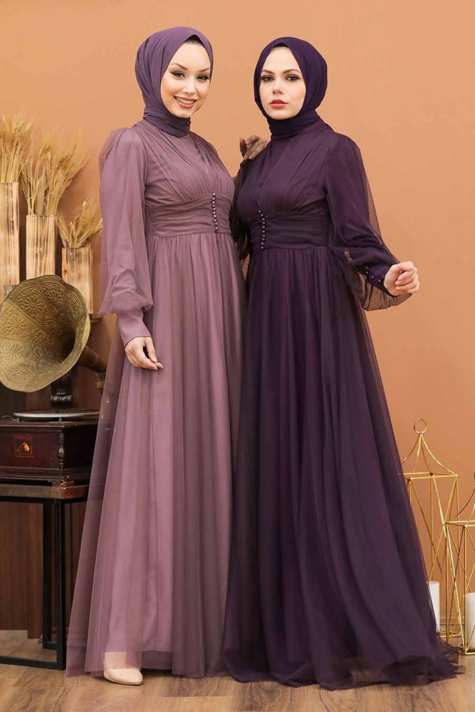 Tesettürlü Abiye Elbise - Robe de Soirée Hijab Lilas Foncé 5478KLILA - 2