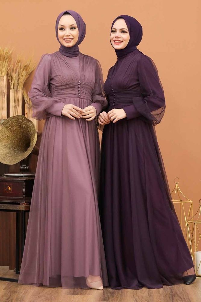 Tesettürlü Abiye Elbise - Robe de Soirée Hijab Lilas Foncé 5478KLILA - 3