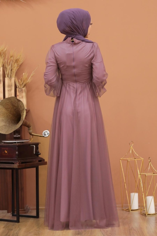 Tesettürlü Abiye Elbise - Robe de Soirée Hijab Lilas Foncé 5478KLILA - 4