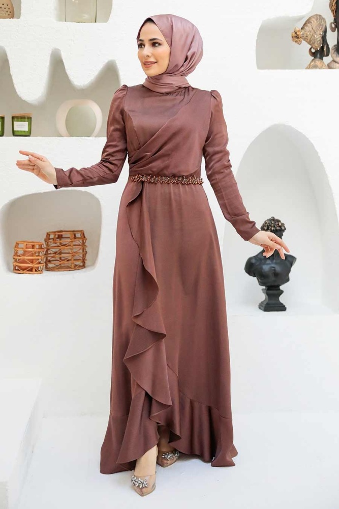 Tesettürlü Abiye Elbise - Robe de Soirée Hijab Marron 3381KH - 1