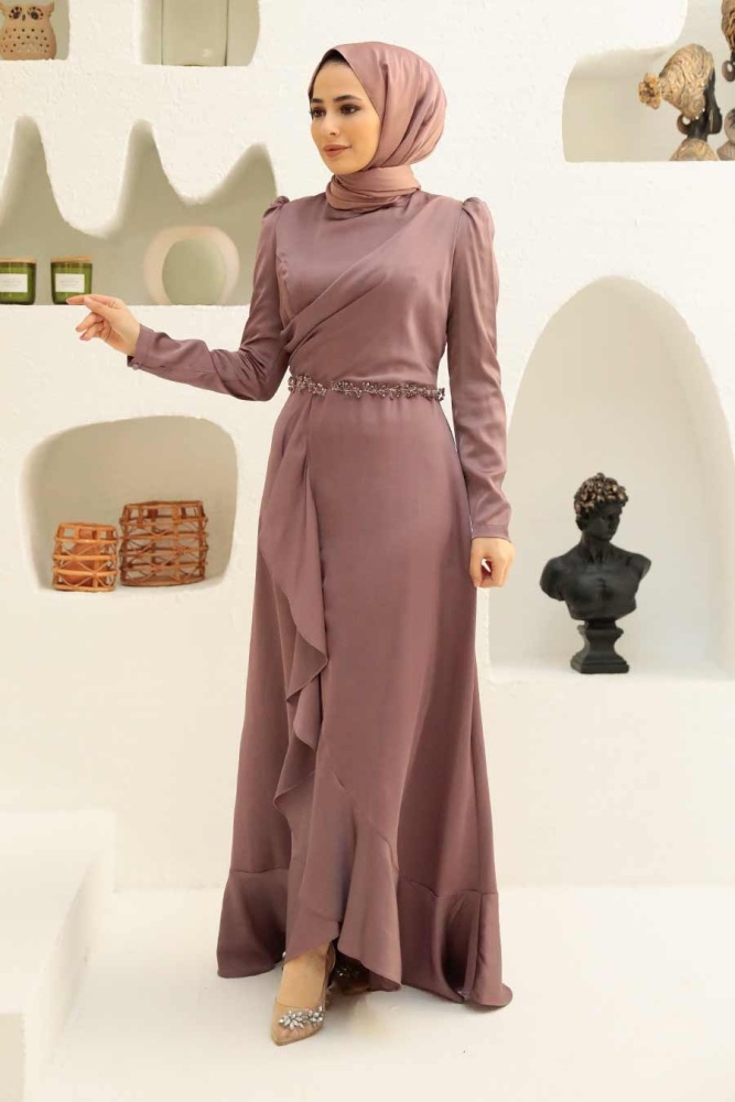 Tesettürlü Abiye Elbise - Robe de Soirée Hijab Marron 3381KH - 2