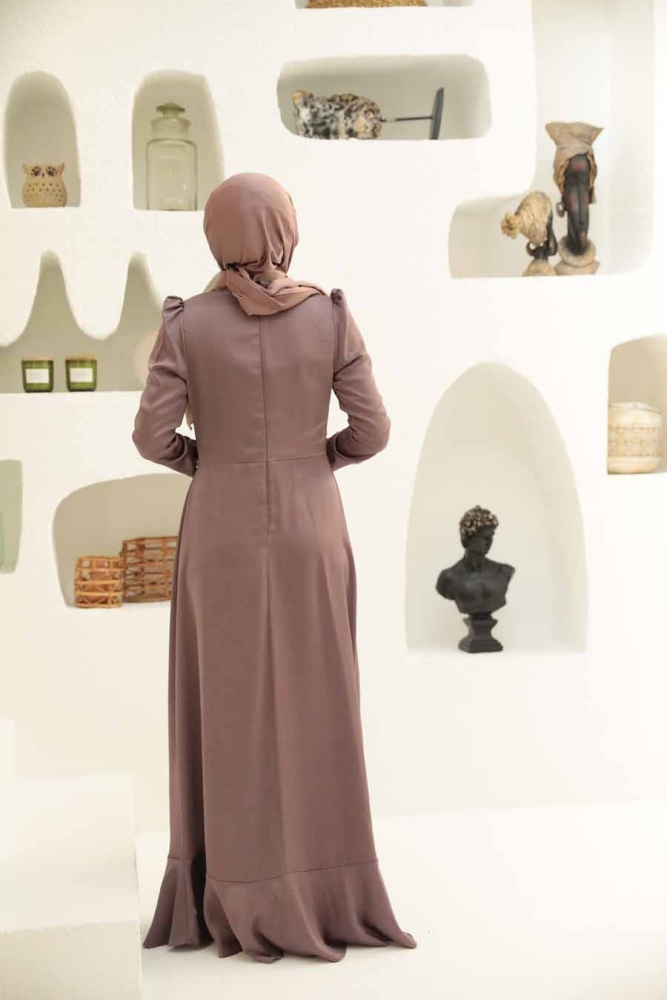 Tesettürlü Abiye Elbise - Robe de Soirée Hijab Marron 3381KH - 3