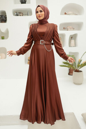 Tesettürlü Abiye Elbise - Robe de Soirée Hijab Marron 3454KH - Thumbnail