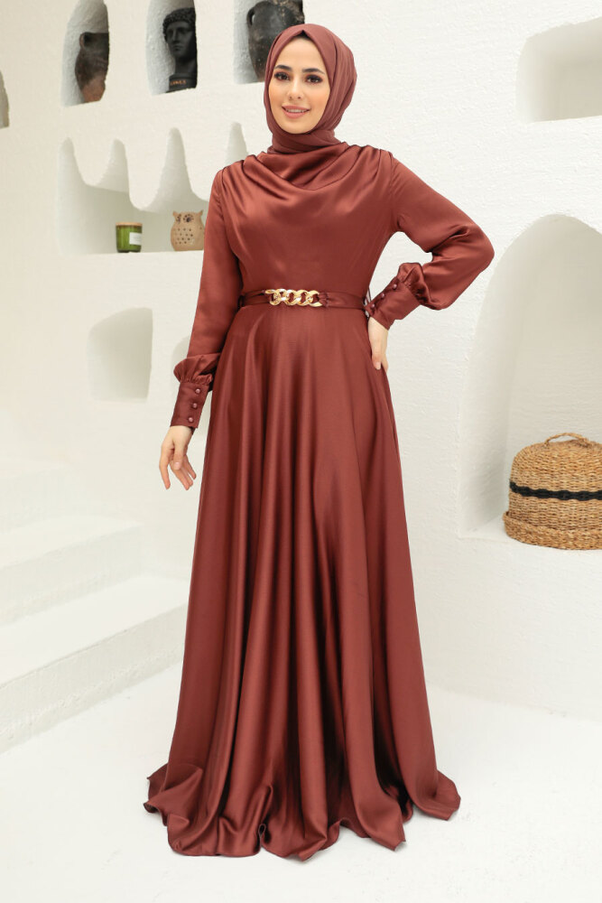 Tesettürlü Abiye Elbise - Robe de Soirée Hijab Marron 3460KH - 1