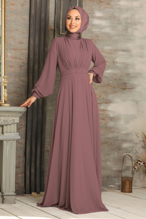 Tesettürlü Abiye Elbise -Robe de soirée Hijab marron avec ceinture 5422KH - 1