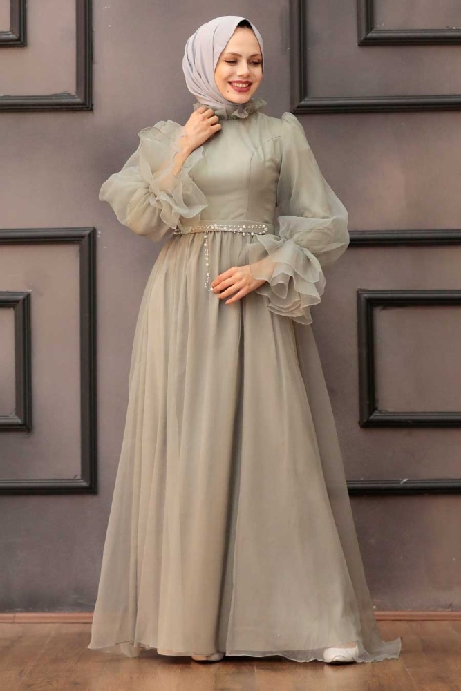 Tesettürlü Abiye Elbise - Robe de Soirée Hijab Menthe 40420MINT - 1