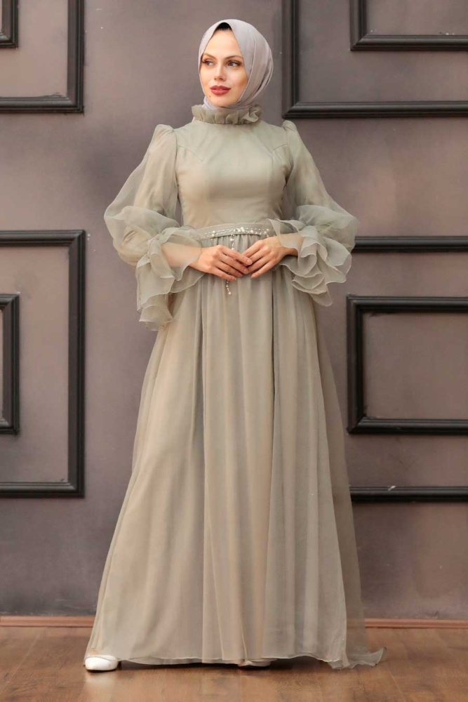 Tesettürlü Abiye Elbise - Robe de Soirée Hijab Menthe 40420MINT - 3