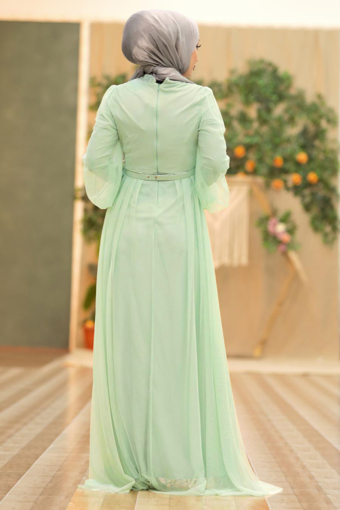 Tesettürlü Abiye Elbise -Robe de Soirée Hijab Menthe 5383MINT - 2