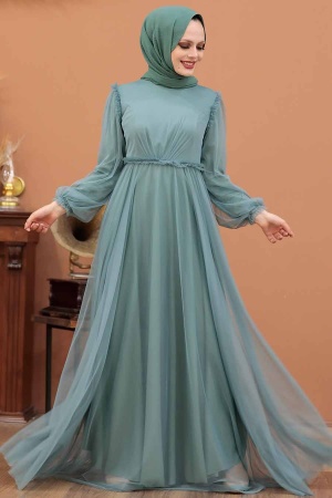 Tesettürlü Abiye Elbise - Robe de soirée Hijab Menthe Manches Ballon 29210MINT - 2