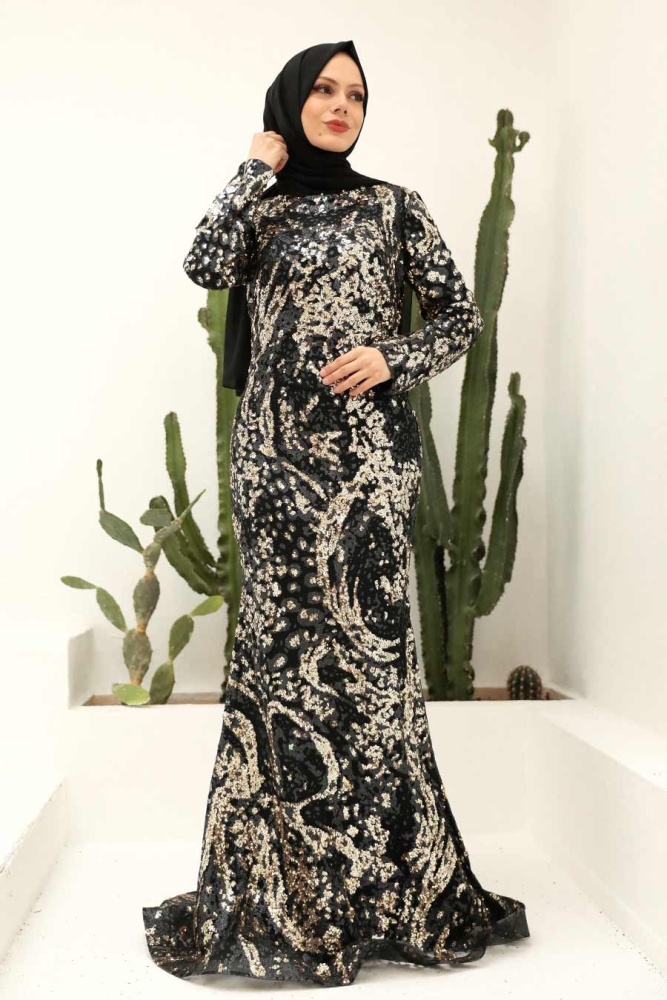 Tesettürlü Abiye Elbise - Robe de Soirée Hijab Noir Doré 951SGOLD - 2