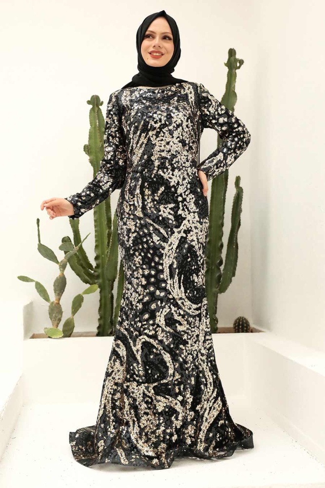 Tesettürlü Abiye Elbise - Robe de Soirée Hijab Noir Doré 951SGOLD - 1