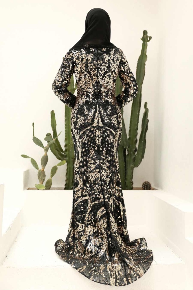 Tesettürlü Abiye Elbise - Robe de Soirée Hijab Noir Doré 951SGOLD - 5