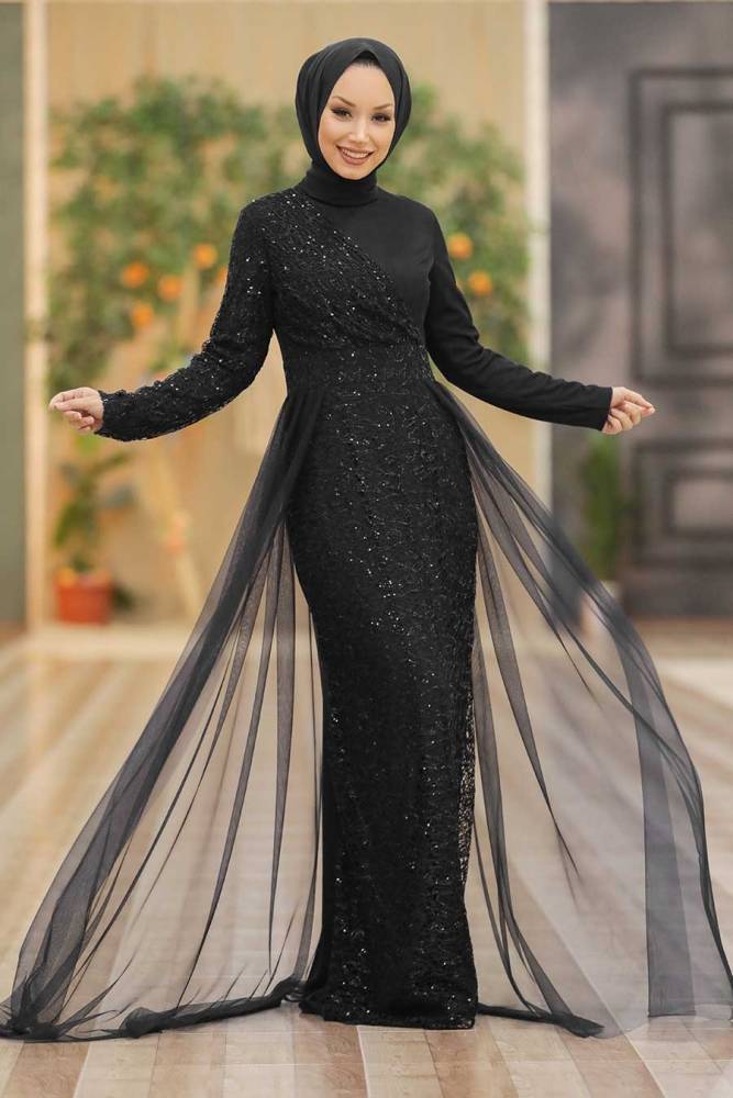 Tesettürlü Abiye Elbise - Robe de Soirée Hijab Noir à Paillettes 5345S - 1