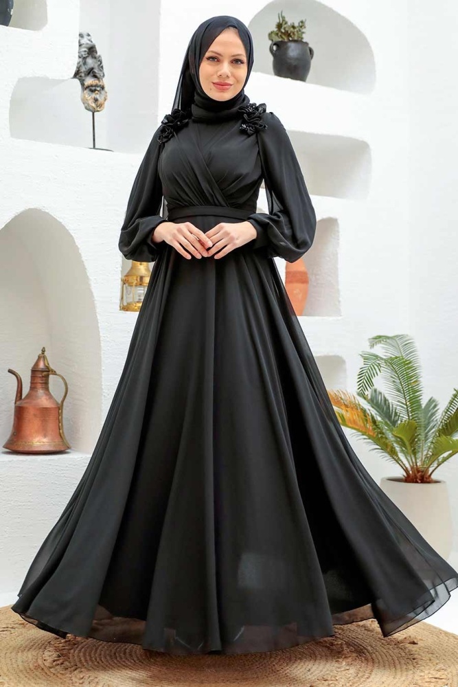 Tesettürlü Abiye Elbise - Robe de soirée Hijab noire 22232S - 1