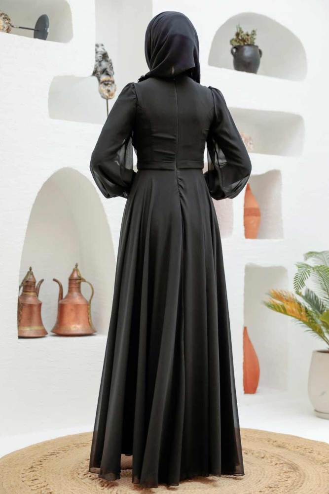 Tesettürlü Abiye Elbise - Robe de soirée Hijab noire 22232S - 3