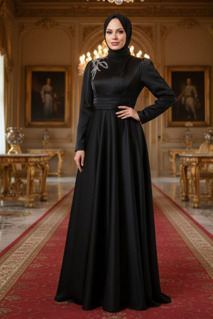 Tesettürlü Abiye Elbise - Robe de Soirée Hijab Noire 22301S - 1