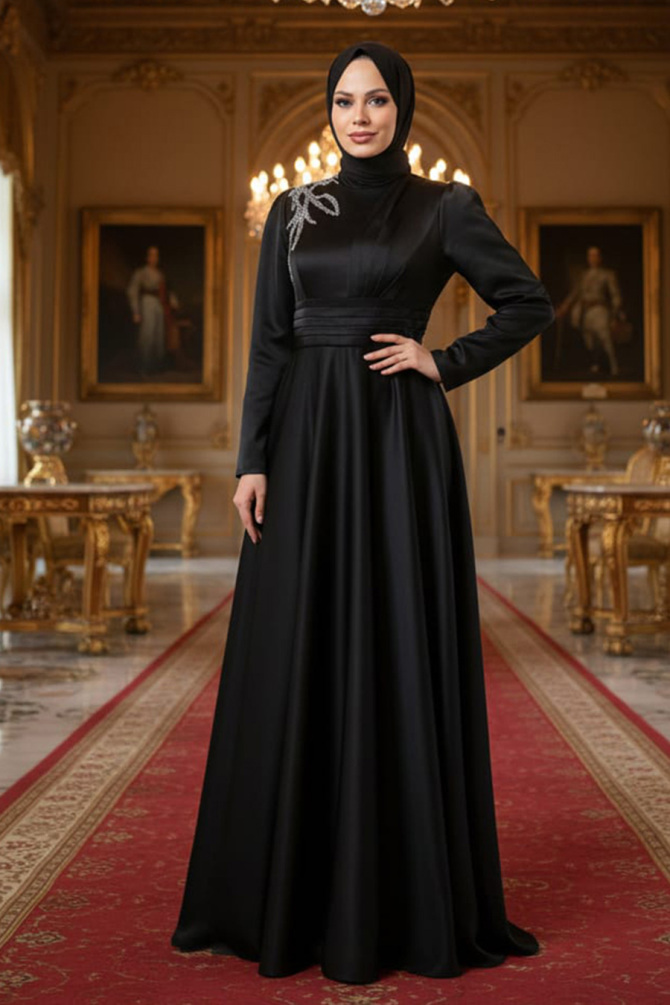 Tesettürlü Abiye Elbise - Robe de Soirée Hijab Noire 22301S - 1