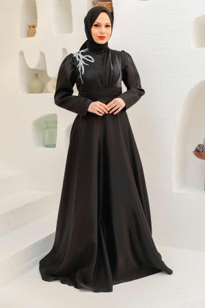 Tesettürlü Abiye Elbise - Robe de Soirée Hijab Noire 22301S - 1