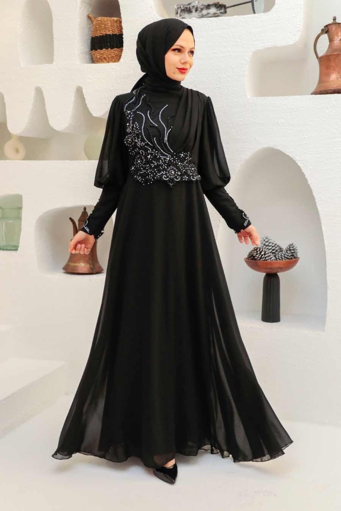 Tesettürlü Abiye Elbise - Robe de Soirée Hijab Noire 25817S - 1