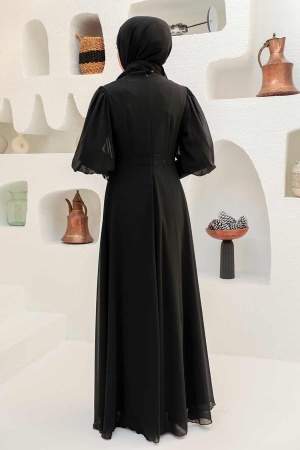 Tesettürlü Abiye Elbise - Robe de Soirée Hijab Noire 25817S - 2