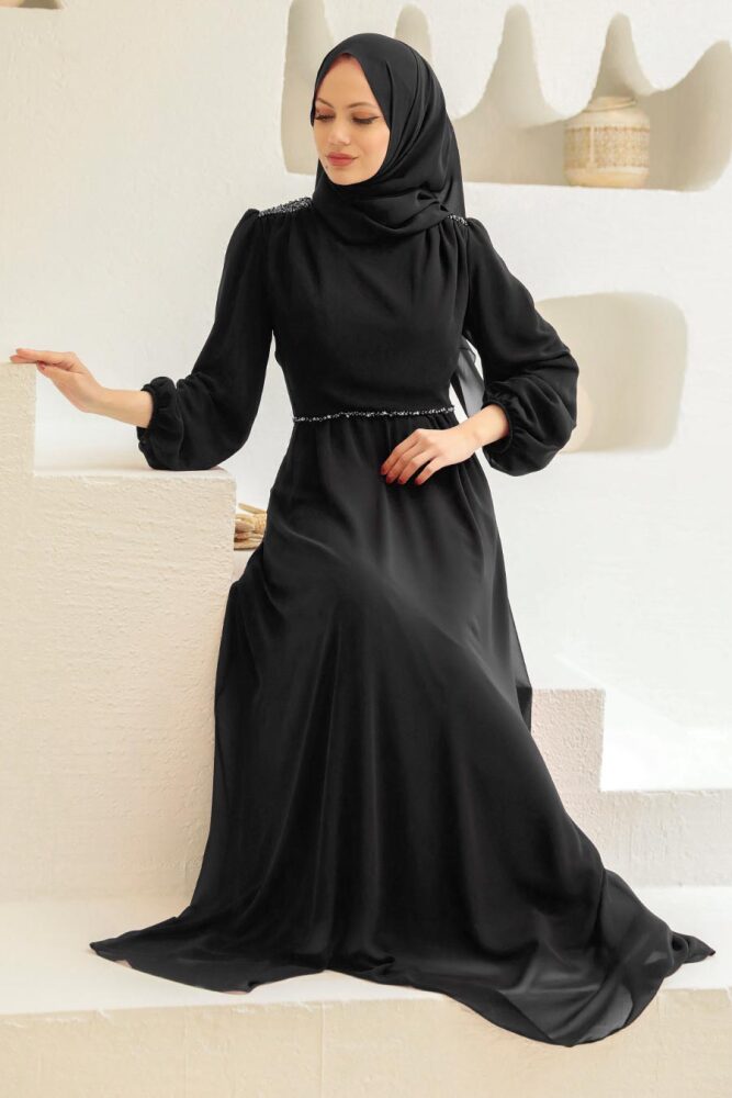 Tesettürlü Abiye Elbise - Robe de soirée Hijab noire 33490S - 1