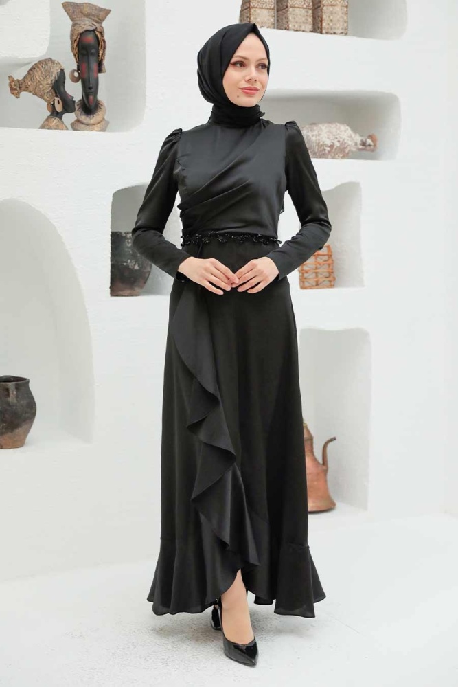 Tesettürlü Abiye Elbise - Robe de Soirée Hijab Noire 3381S - 2