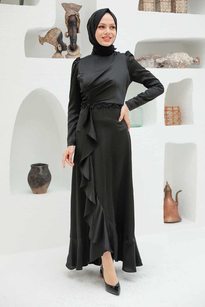 Tesettürlü Abiye Elbise - Robe de Soirée Hijab Noire 3381S - 3