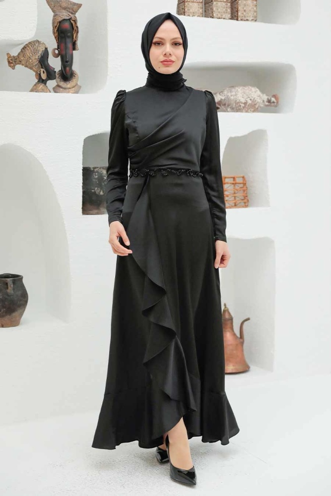 Tesettürlü Abiye Elbise - Robe de Soirée Hijab Noire 3381S - 1
