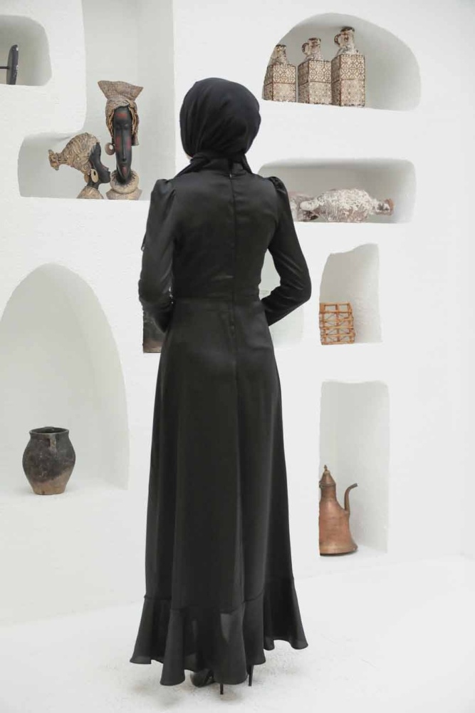 Tesettürlü Abiye Elbise - Robe de Soirée Hijab Noire 3381S - 4