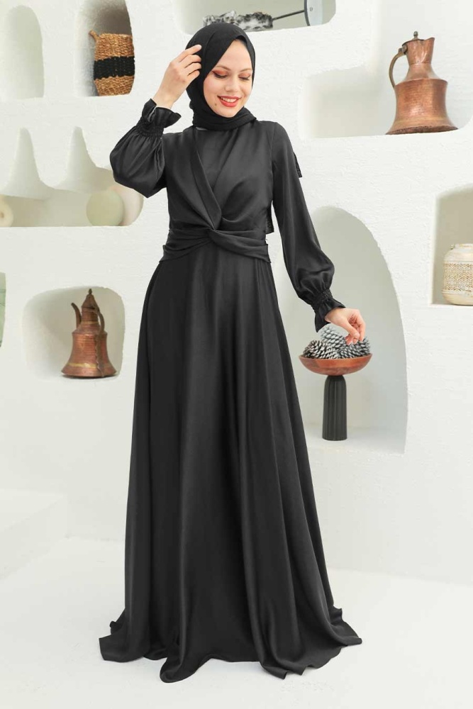 Tesettürlü Abiye Elbise - Robe de Soirée Hijab Noire 3389S - 1
