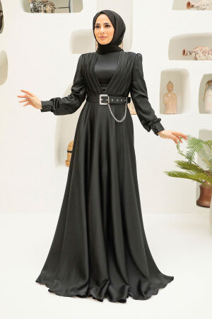 Tesettürlü Abiye Elbise - Robe de Soirée Hijab Noire 3454S - 1