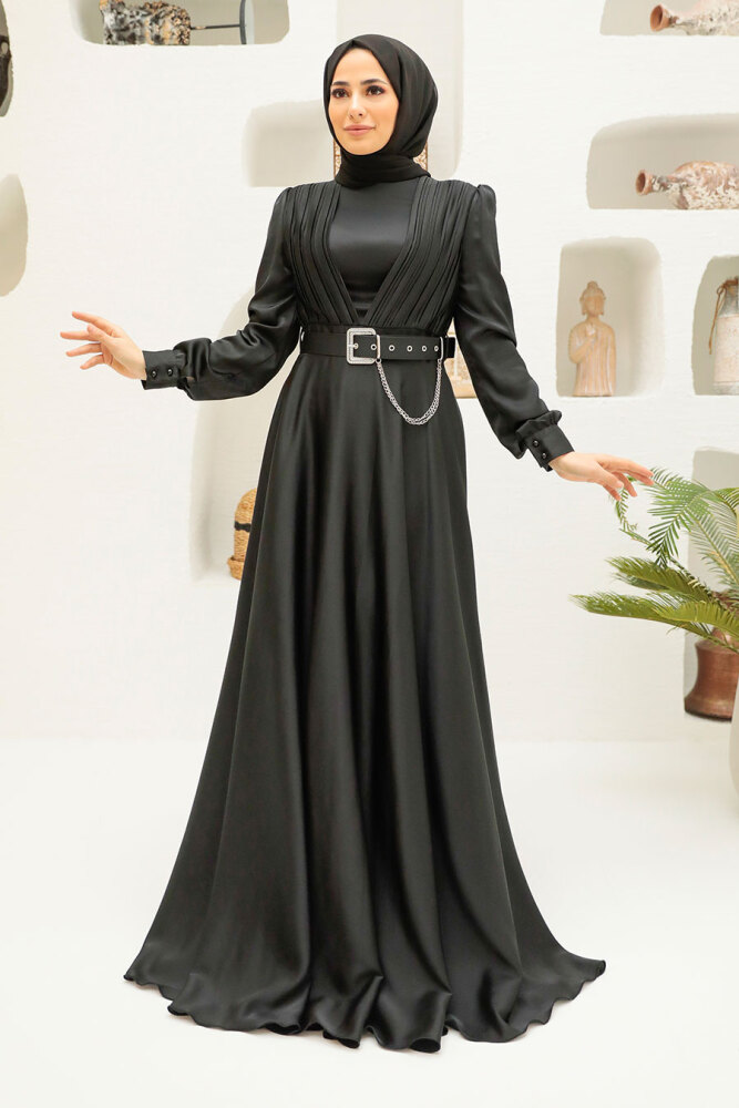 Tesettürlü Abiye Elbise - Robe de Soirée Hijab Noire 3454S - 1