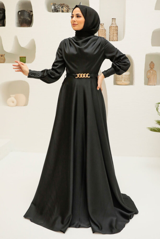 Tesettürlü Abiye Elbise - Robe de Soirée Hijab Noire 3460S - 1