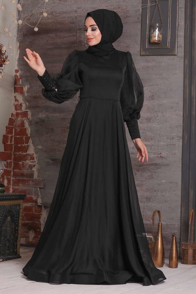 Tesettürlü Abiye Elbise - Robe de soirée Hijab noire 4034S - 1
