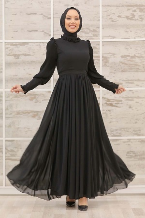 Tesettürlü Abiye Elbise -Robe de Soirée Hijab Noire 40720S - 1
