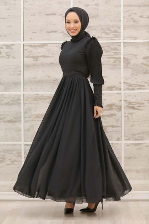 Tesettürlü Abiye Elbise -Robe de Soirée Hijab Noire 40720S - 2