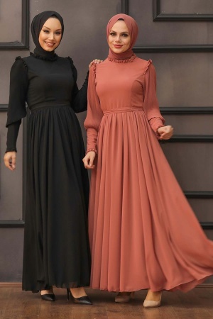 Tesettürlü Abiye Elbise -Robe de Soirée Hijab Noire 40720S - 4
