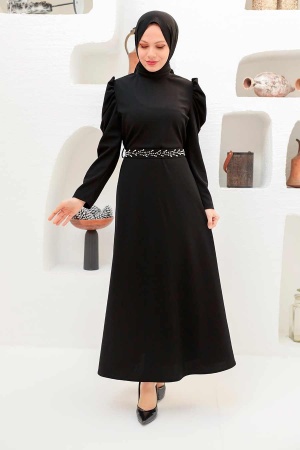 Tesettürlü Abiye Elbise - Robe de Soirée Hijab Noire 45601S - 1